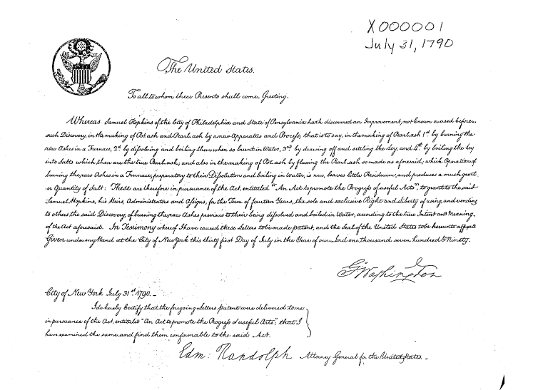 U.S. Patent No. 1X "Method of producing pot ash and  pearl ash